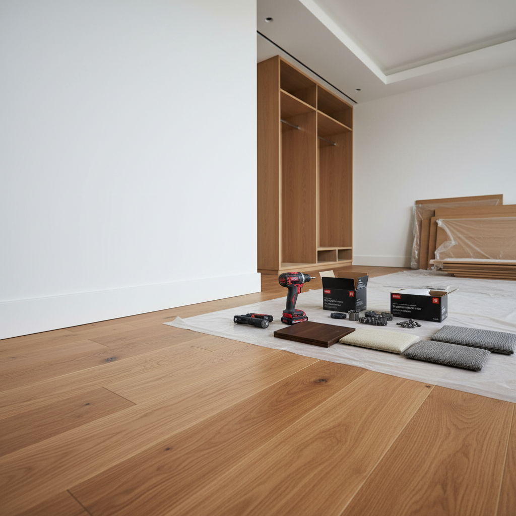 A detailed close-up of a high-end hotel room interior in mid-renovation, showcasing newly installed warm oak flooring meeting a pristine white wall with perfectly aligned baseboards. On a spotless protective sheet rest organized tools: a cordless drill, unopened hardware boxes, and sample panels of luxury wood veneer and fabric. Soft, indirect ceiling lighting casts gentle, controlled shadows that emphasize textures without clutter. The atmosphere is meticulously professional and quietly industrious. Shot from a low, slightly angled perspective, highlighting the precision of the craftsmanship. Background elements like a partially assembled closet and neatly stacked furniture panels are softly blurred. Photographic realism with a clean, modern style, expressing expert hotel and office furniture installation services without any workers present.