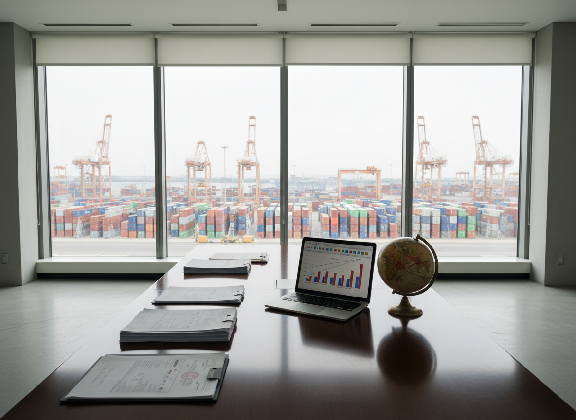 A polished dark wood conference table arranged with neatly stacked international trade documents, a slim silver laptop displaying bar charts, and a small globe with clearly marked shipping routes. In the background, large floor-to-ceiling windows reveal a distant cargo port with sharply focused container stacks and cranes, seen through double-glazed glass. Soft daylight filtered by neutral roller blinds creates a clean, even illumination with subtle reflections on the table’s surface. The mood is professional and globally oriented. Captured at eye level with a slight diagonal composition for dynamism, everything in crisp focus. Photographic realism with a minimalist, modern Japanese office aesthetic, conveying the sophistication of a one-stop international trade service provider without any visible people.