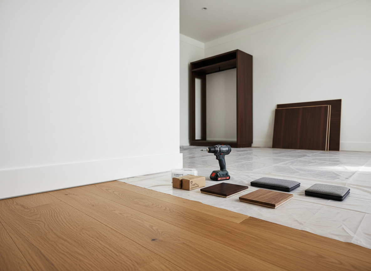 A detailed close-up of a high-end hotel room interior in mid-renovation, showcasing newly installed warm oak flooring meeting a pristine white wall with perfectly aligned baseboards. On a spotless protective sheet rest organized tools: a cordless drill, unopened hardware boxes, and sample panels of luxury wood veneer and fabric. Soft, indirect ceiling lighting casts gentle, controlled shadows that emphasize textures without clutter. The atmosphere is meticulously professional and quietly industrious. Shot from a low, slightly angled perspective, highlighting the precision of the craftsmanship. Background elements like a partially assembled closet and neatly stacked furniture panels are softly blurred. Photographic realism with a clean, modern style, expressing expert hotel and office furniture installation services without any workers present.