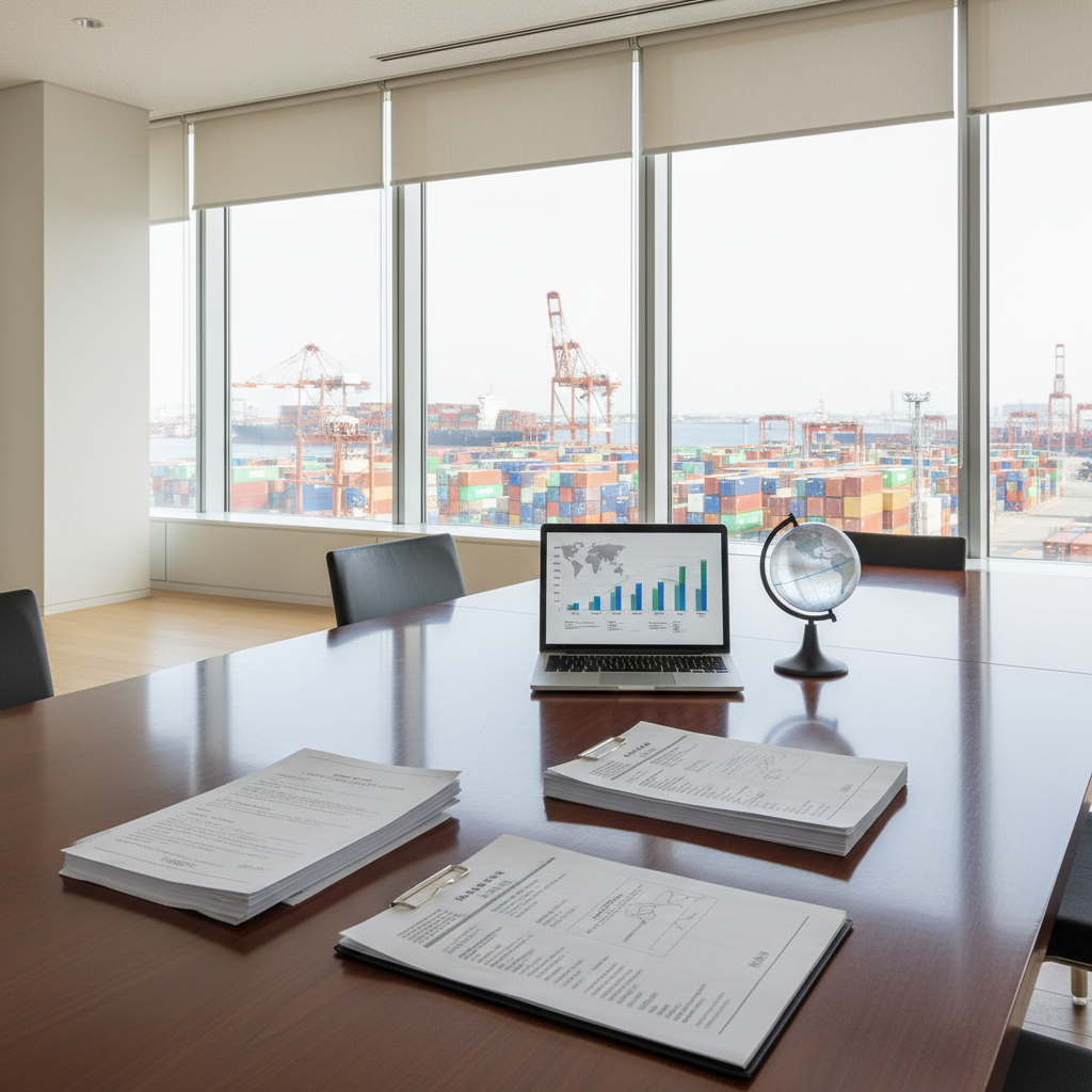 A polished dark wood conference table arranged with neatly stacked international trade documents, a slim silver laptop displaying bar charts, and a small globe with clearly marked shipping routes. In the background, large floor-to-ceiling windows reveal a distant cargo port with sharply focused container stacks and cranes, seen through double-glazed glass. Soft daylight filtered by neutral roller blinds creates a clean, even illumination with subtle reflections on the table’s surface. The mood is professional and globally oriented. Captured at eye level with a slight diagonal composition for dynamism, everything in crisp focus. Photographic realism with a minimalist, modern Japanese office aesthetic, conveying the sophistication of a one-stop international trade service provider without any visible people.