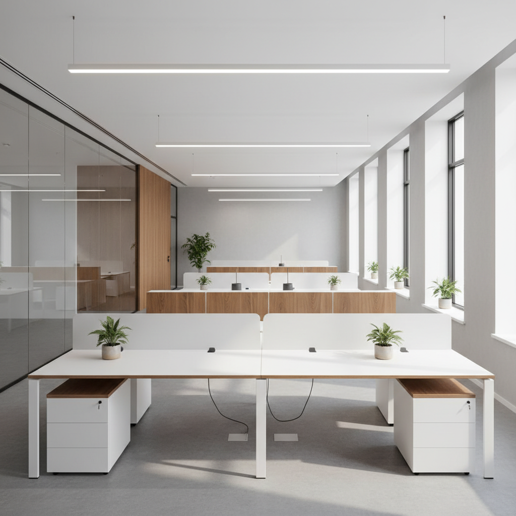 A sleek, newly completed modern office interior showcasing custom-installed furniture: modular white workstations with perfectly aligned edges, integrated cable management hidden beneath, and warm walnut accent panels against a smooth light-gray wall. A glass partition reflects the careful geometry of the space, while a few minimalist planters add subtle greenery. Daylight streams through large windows, supplemented by soft, linear LED ceiling lights, creating a bright, balanced illumination with gentle, directional shadows. The mood is orderly, efficient, and welcoming. Captured from a wide-angle, eye-level perspective to emphasize depth and spatial planning, with sharp focus across the frame. Photographic realism with a contemporary, professional aesthetic, representing the company’s expertise in hotel and office furniture construction and installation.