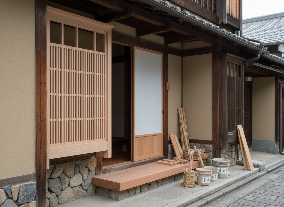 A traditional Japanese machiya-style guesthouse exterior being carefully restored, focusing on the intricate join between newly replaced cedar latticework and preserved dark, weathered beams. The entrance area is framed by neatly stacked natural stones, a fresh wooden step, and labeled restoration materials arranged methodically nearby. Overcast natural light creates soft, diffused illumination that brings out the grain of the wood and subtle color variations in the plaster walls. The mood is respectful, calm, and heritage-focused. Captured at eye level using rule-of-thirds composition, with the restored section in sharp focus and the street surroundings gently blurred. Photographic realism with a refined, architectural documentation feel, highlighting expert minshuku repair and preservation craftsmanship.