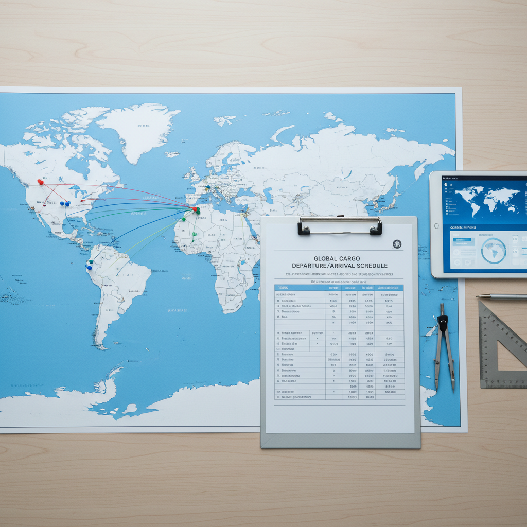 An organized logistics planning desk featuring a large, detailed world map spread across a smooth light-wood surface, with color-coded pins marking trade routes between Japan and global destinations. Beside it lies a clipboard with clearly printed shipping schedules, a tablet displaying a digital dashboard of cargo status, and neatly aligned measuring tools. Cool, balanced overhead office lighting ensures every element is clearly visible, creating minimal shadows and a precise, analytical mood. Shot from a slightly elevated angle with sharp focus throughout, giving a comprehensive view of the workspace. The style is photographic realism with a clean, corporate Japanese aesthetic, emphasizing clarity, reliability, and the integrated nature of international trade operations, without any indication of human presence.