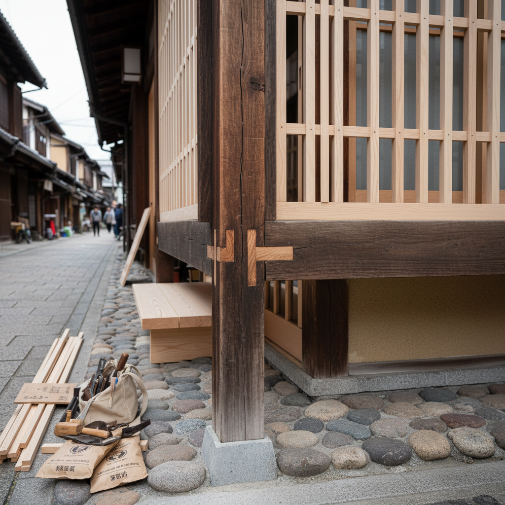 A traditional Japanese machiya-style guesthouse exterior being carefully restored, focusing on the intricate join between newly replaced cedar latticework and preserved dark, weathered beams. The entrance area is framed by neatly stacked natural stones, a fresh wooden step, and labeled restoration materials arranged methodically nearby. Overcast natural light creates soft, diffused illumination that brings out the grain of the wood and subtle color variations in the plaster walls. The mood is respectful, calm, and heritage-focused. Captured at eye level using rule-of-thirds composition, with the restored section in sharp focus and the street surroundings gently blurred. Photographic realism with a refined, architectural documentation feel, highlighting expert minshuku repair and preservation craftsmanship.
